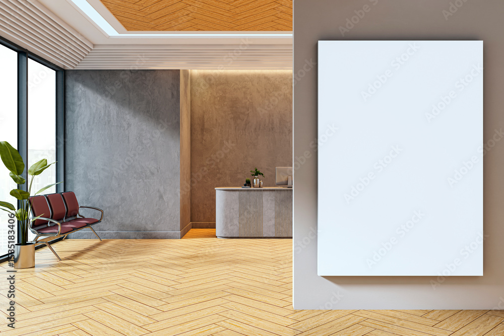 Poster modern reception area with vertical blank poster on wall near stylish desk and bench in luxury offic