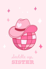 Disco ball with cowgirl hat and slogan