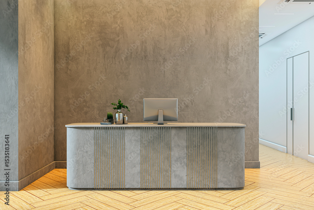 Poster modern reception desk in empty office lobby with minimal design elements, light wooden floor, and te