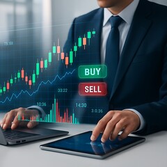 Futuristic Stock Trading Interface with Businessman Using Digital Touchscreen