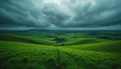 Fototapeta premium Irish Greenscape A Panoramic View of Lush, Emerald Green Fields with a Stormy Sky, Creating a Dynamic and Impressive Visual