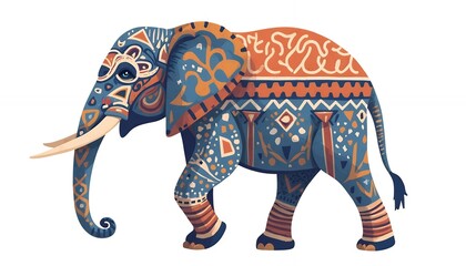 Ornate Elephant Illustration in Blue and Orange