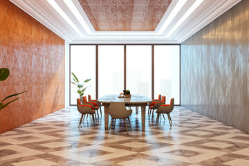 Bright modern conference room interior with wooden textures, glass wall panels, and contemporary furniture in a spacious office space. 3D Rendering