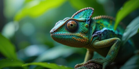 Obraz premium Vibrant Chameleon Portrait A Detailed Study of Texture and Color in a Rainforest Setting