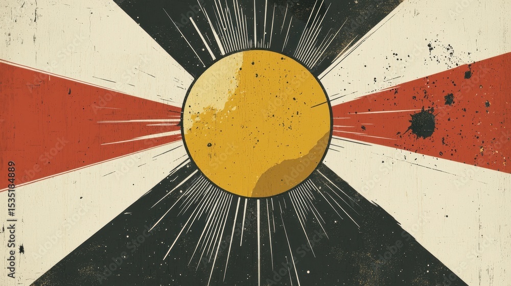Aufkleber bold graphic design featuring a central sun with dynamic rays on a retro-style background