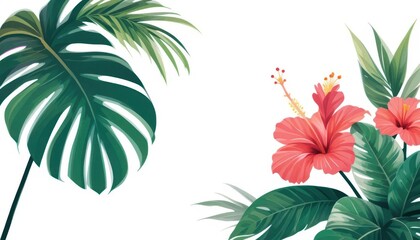  Modern Summer Geometric Monstera Hibiscus on White Minimalist Vector Design