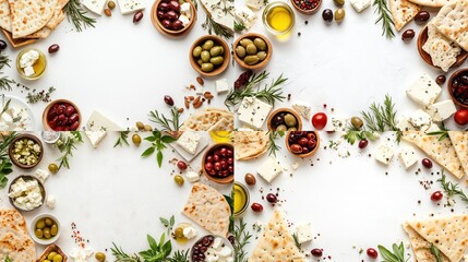 A collage showcases various Mediterranean foods arranged in a frame around a white background.  The central space is blank. Components include feta cheese, olives, flatbread, herbs, and olive oil