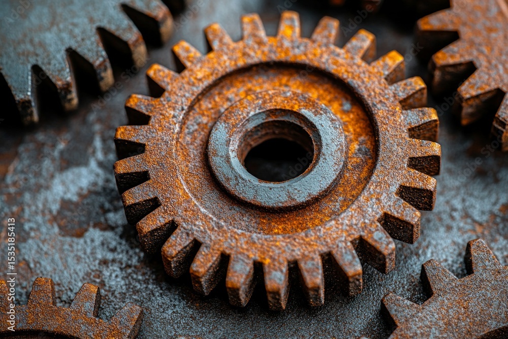 Poster close-up of rusty gears creating industrial background representing teamwork and cooperation
