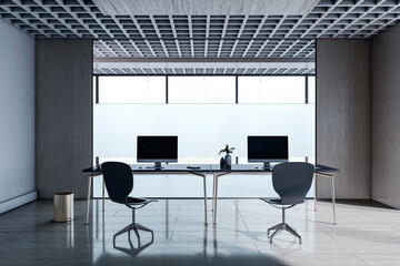 Modern empty office interior with two desks and computers in a minimalist corporate room with large windows and grid ceiling design. 3D Rendering