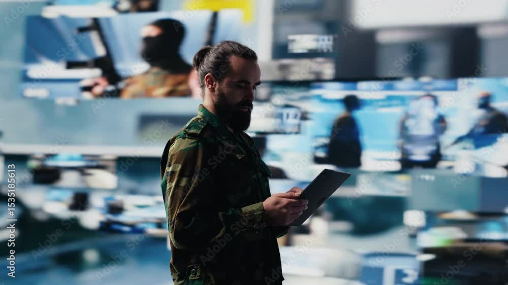 Aufkleber army officer working in a virtual war zone with digital tech and satellite data, using threat detect