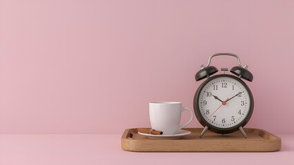Vintage alarm clock with black coffee and cinnamon on a tray.