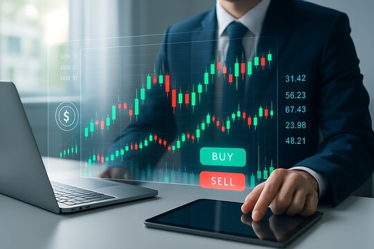 Futuristic Stock Trading Interface with Businessman Using Digital Touchscreen