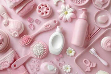 Vibrant Color Image of Flat Lay Pink Bath Accessories for Baby