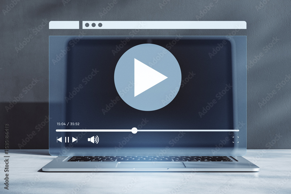 Poster transparent video player interface overlaying a laptop screen on a modern office desk, symbolizing d