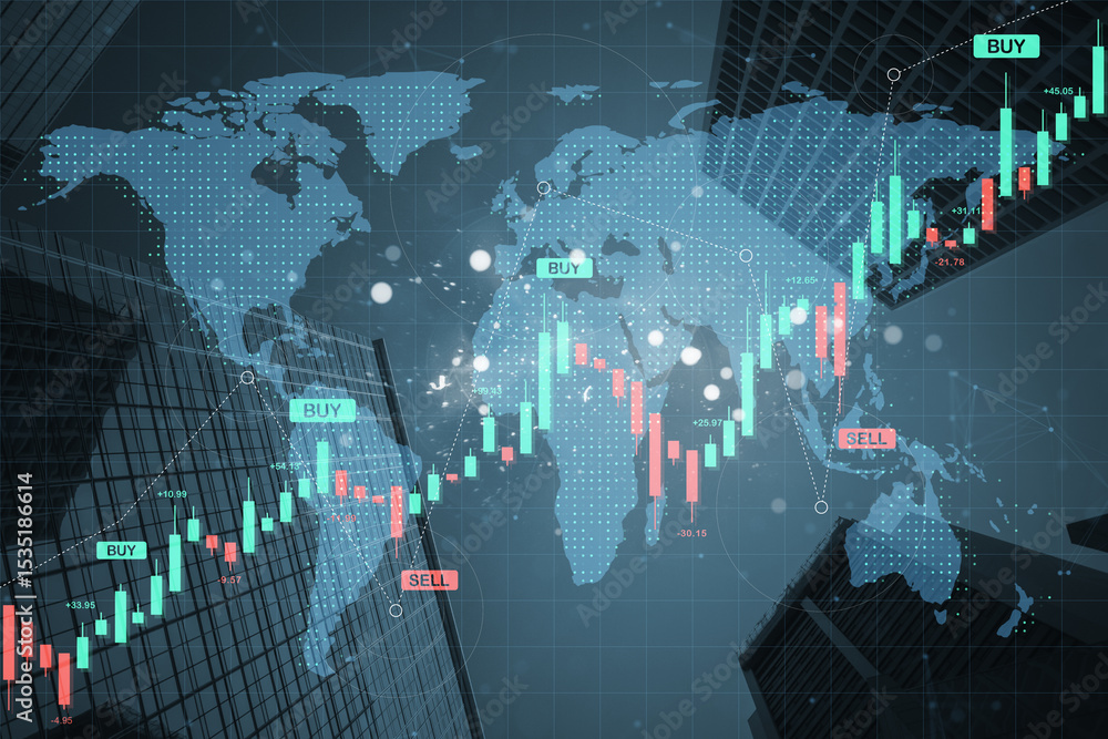 Poster global financial chart with buy and sell signals over world map and skyscrapers, symbolizing forex t