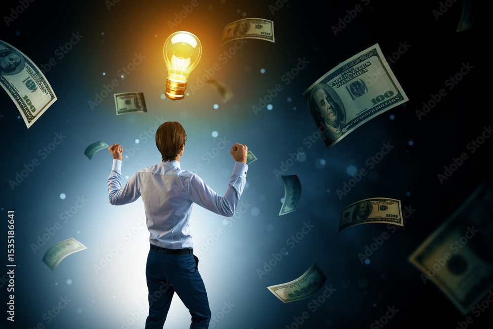 Aufkleber businessman with raised fists looking at glowing lightbulb symbol surrounded by floating money bills
