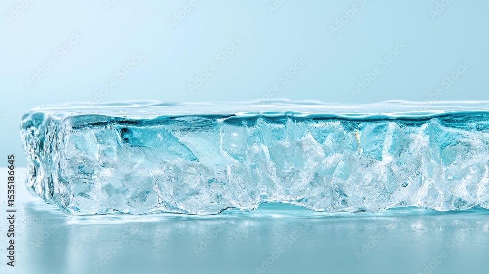 Poster clear ice block with blue tint resting on a light background in a calm environment