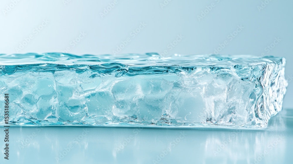 Poster clear block of ice resting on a reflective surface in a cool ambient lighting setting