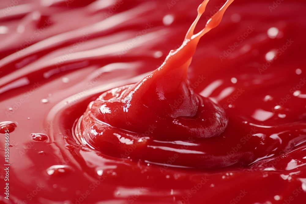 Poster ketchup splashing and making concentric ripples on a smooth ketchup surface