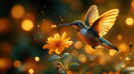 Naklejka premium macro shot of hummingbird’s slender beak reaching towards bright orange blossom in sharp focus 