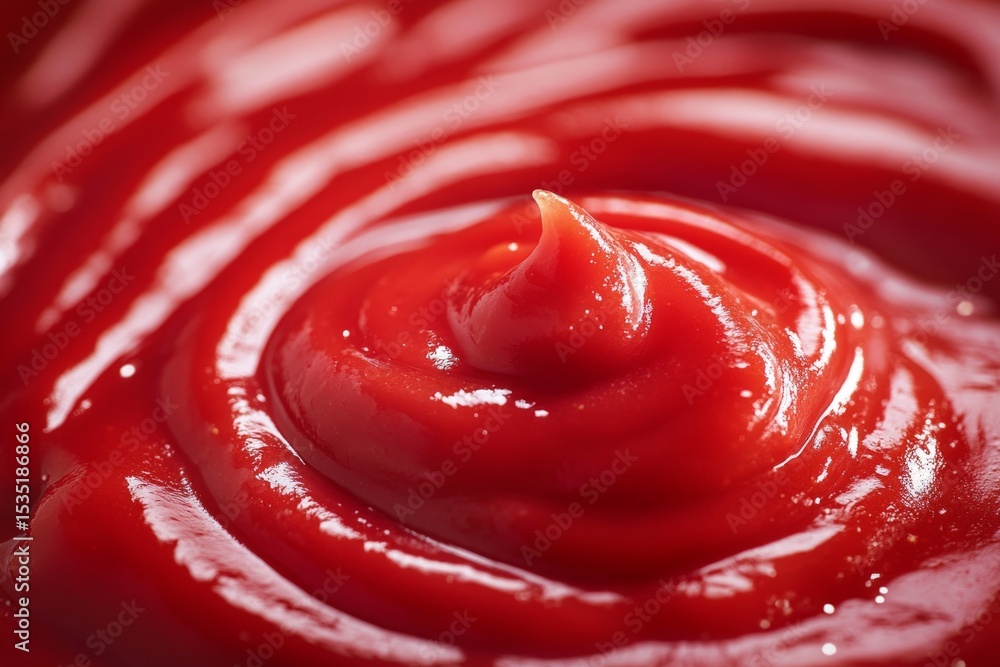 Poster close-up of swirling red ketchup, creating a visually appealing texture with a prominent peak in the