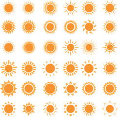 Set of Flat Sun Icons in Vector Style on White Background