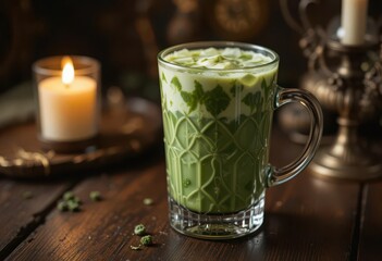  Old World Matcha Charm Iced Latte in Ornate Glass, Candlelight, Antique Style, A Timeless Pleasure