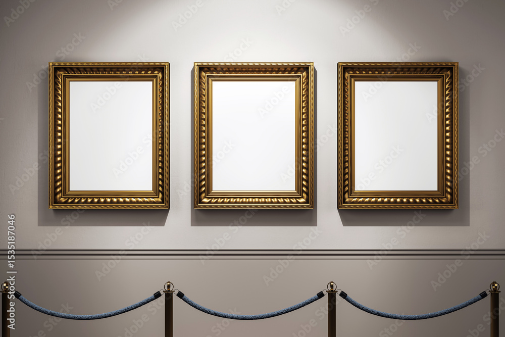 Aufkleber Three classic golden frames hanging on a clean gallery wall under spotlight in an empty exhibition hall with rope barrier in front view. 3D Rendering