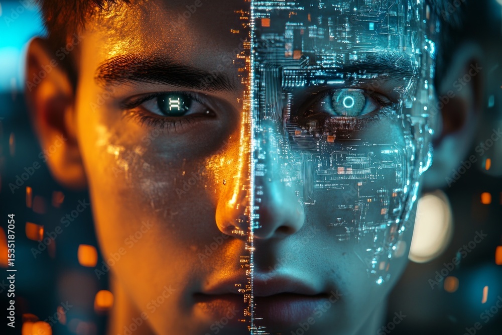 Poster half human face and half digital face showing augmented reality facial recognition and artificial in
