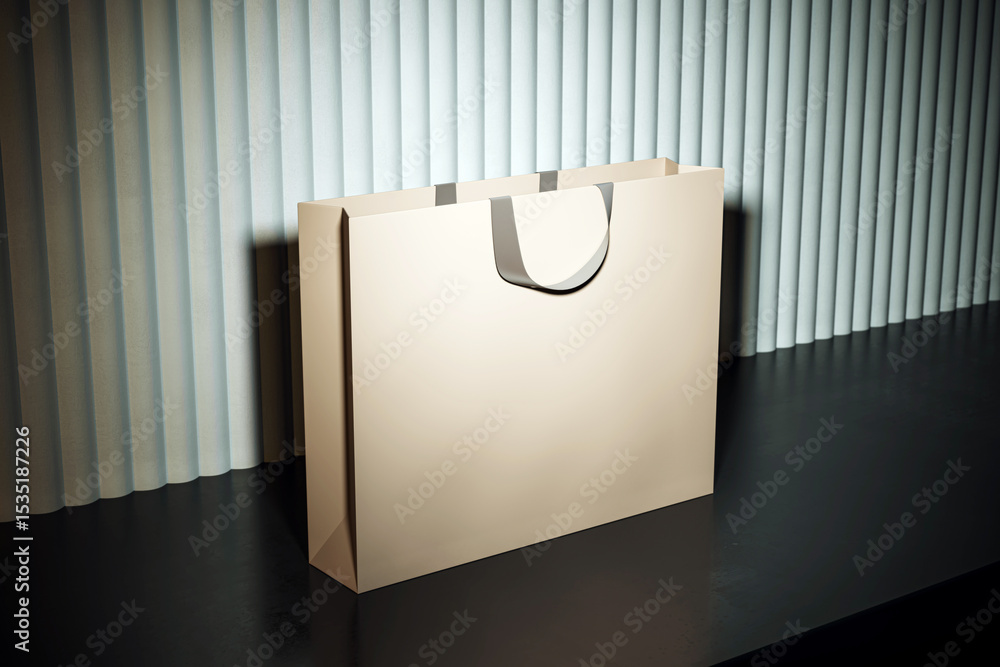 Poster luxury blank shopping bag mockup on dark floor with spotlight and vertical curtain background for br