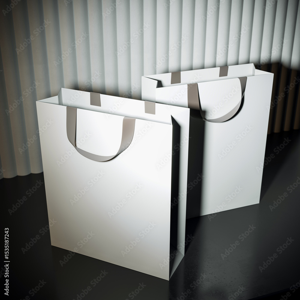 Poster luxury blank shopping bag mockup with handles on dark reflective floor and curtain backdrop for bran