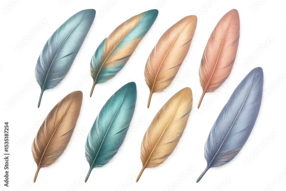 Aufkleber set of colorful feathers floating on transparent background, creating a soft and elegant aesthetic f