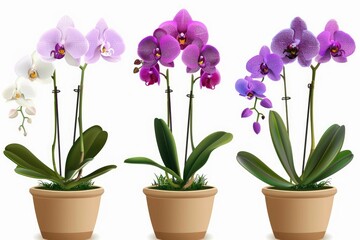 High Resolution Visual of Flowering Orchids in Pots Isolated on Transparent Background