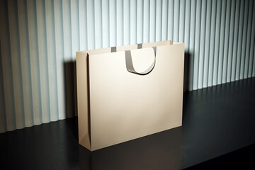 Luxury blank shopping bag mockup on dark floor with spotlight and vertical curtain background for...