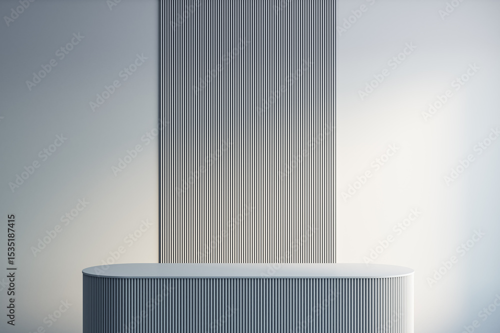 Poster Modern white podium with vertical stripe design in minimal studio scene with soft shadows and gradient background for product presentation. 3D Rendering