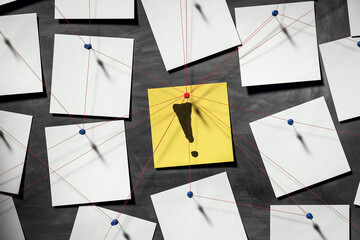 Sticky notes connected by red threads on dark wall with yellow note marked by black exclamation...