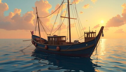 Wooden Ship on Water at Sunset