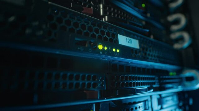 Close up rack focus of server details as LED indicators, wires and number label at data center