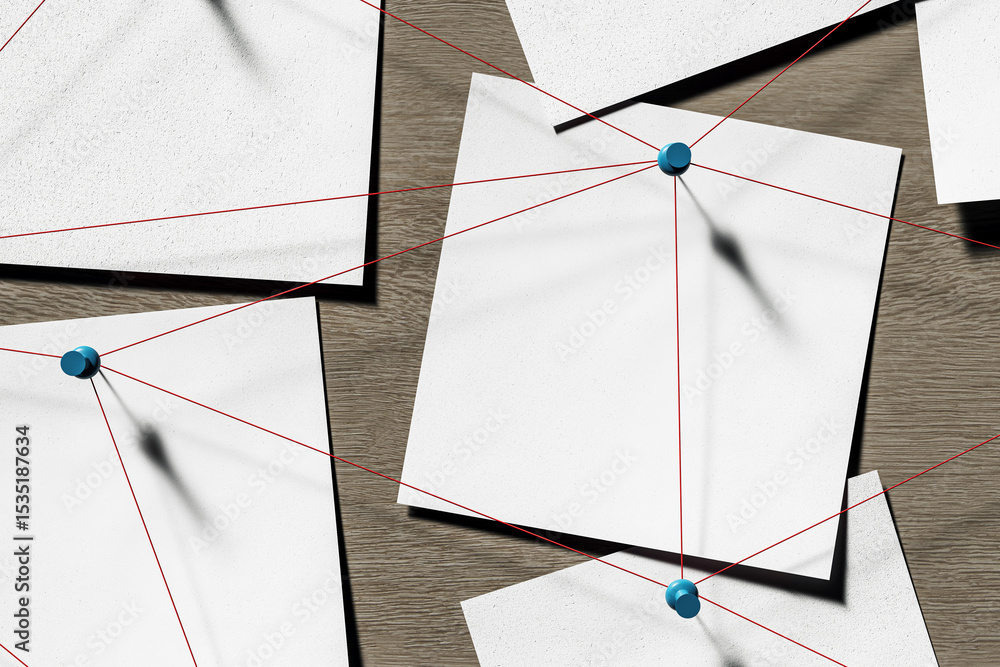 Poster Blank papers pinned with red strings on wooden wall background in abstract investigation or detective office concept scene. 3D Rendering. 3D Rendering