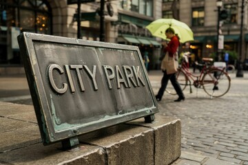 A photograph of a weathered bronze plaque displaying the words CITY PARK mounted on a cobblestone street in a bustling urban environment
