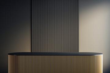Luxury modern podium with vertical gold lines and black top surface in elegant interior studio with...