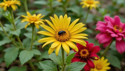 Fototapeta premium Close Up of a Vibrant Yellow Flower with a Bee Pollinating in a Colorful Garden Setting