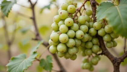 Fototapeta premium Close-Up of Ripe Green Grapes Growing on Vine in a Vineyard Under Natural Light