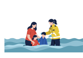 Obraz premium A family rescues a child from floodwaters, aided by a paramedic. Dramatic rescue scene, conveying urgency and support. Warm colors, emotional impact.