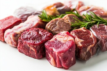 Fototapeta premium Fresh beef tenderloin cuts are vacuum packed with rosemary to maintain optimal quality and flavor