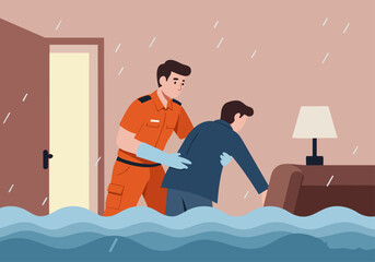 A firefighter assists a distressed man in a flooded room. Dramatic rescue scene, conveying urgency and support.  Home help illustration.