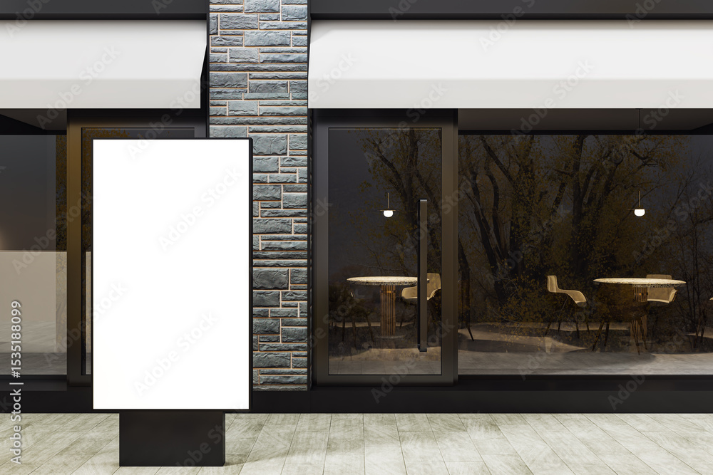 Aufkleber modern storefront exterior with empty lightbox display stand for advertising mockup on tiled street 