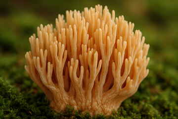 Coral Fungus in Lush Terrain: An intricately detailed close-up showcases a vibrant, coral-like fungus thriving amidst a backdrop of rich, green moss.
