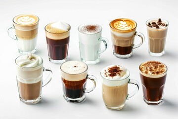 high definition visual of Set of delicious coffee drinks on white background