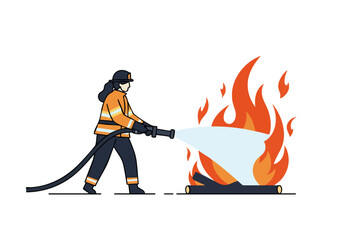 A female firefighter powerfully directs a high-pressure stream of water onto a raging blaze. Dynamic action shot, showcasing bravery and control. Bold colors and dramatic lighting.